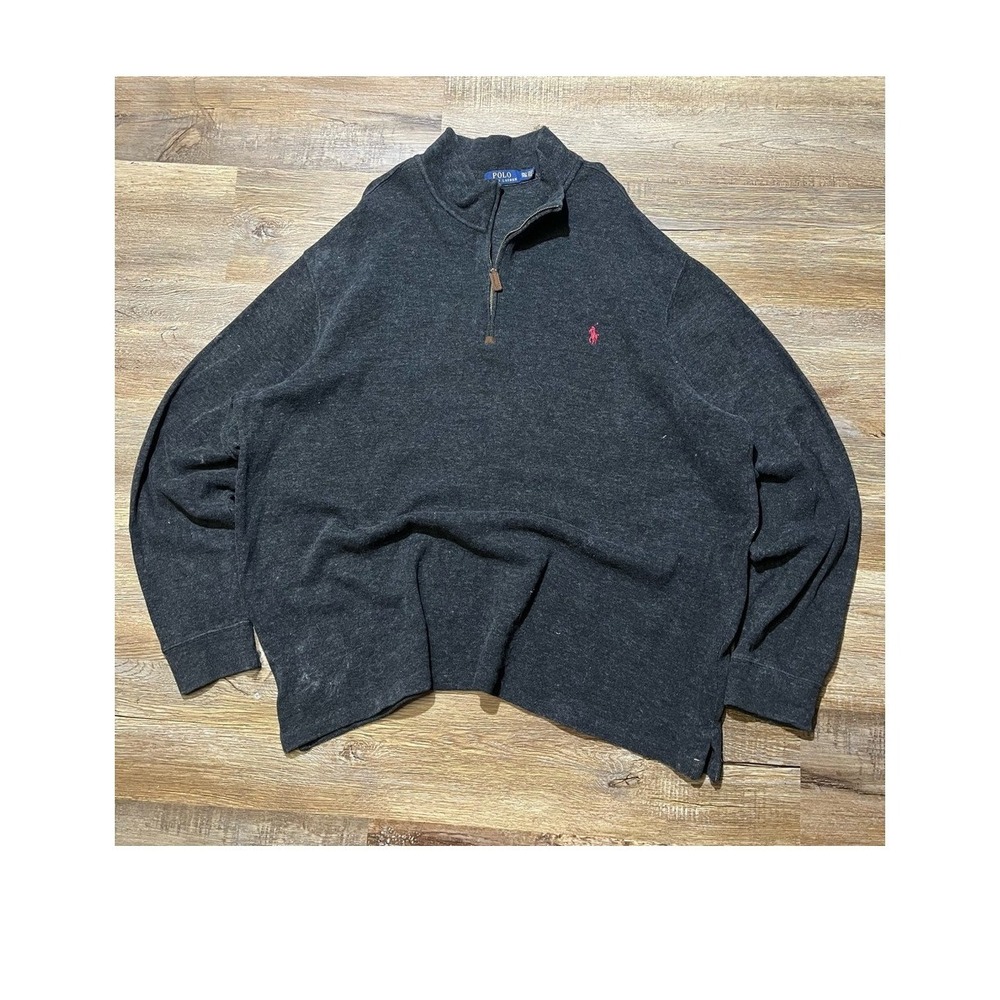Polo Ralph Lauren Quarter Zip Pullover Grey Red Pony Mens 2XLT Tall XXL